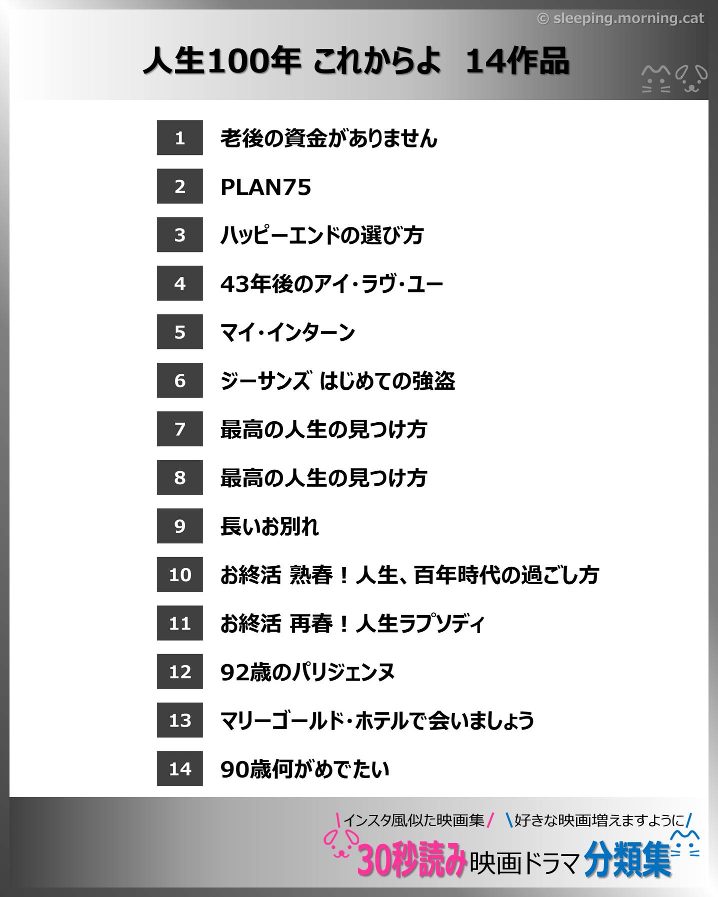 人生100年 これからよ　14作品：映画ドラマの紹介、似た映画ドラマおすすめの目次