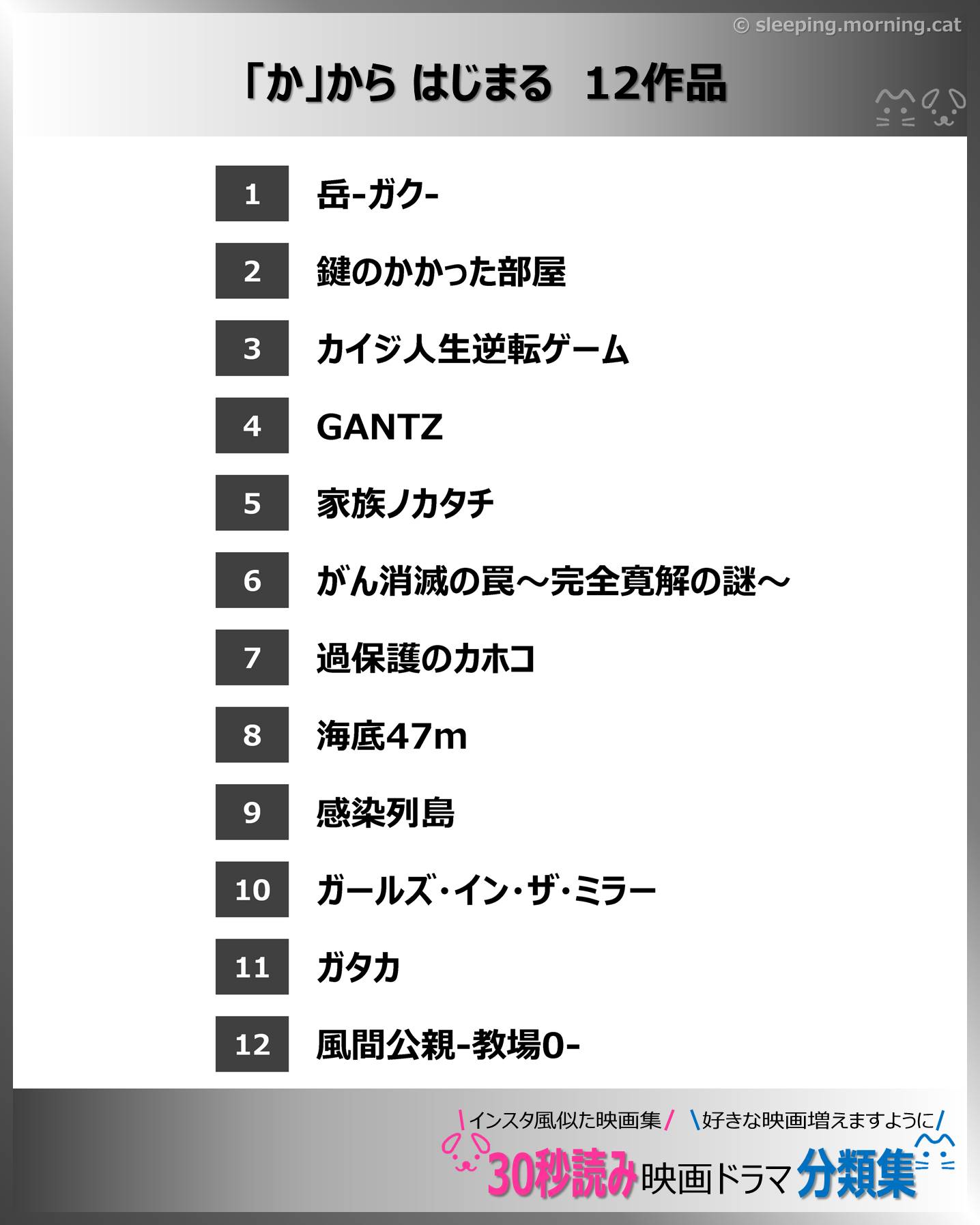 「か」から はじまる：映画ドラマの紹介、代表作の映画ドラマおすすめの目次