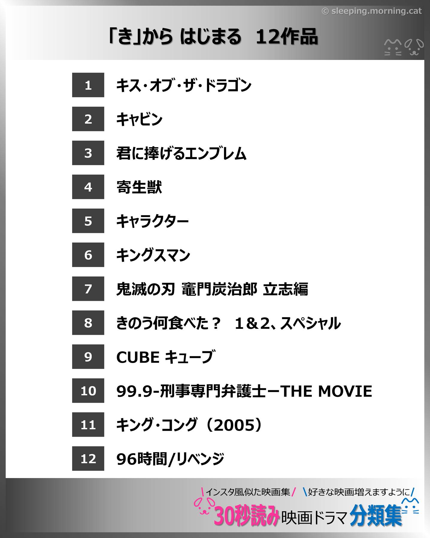 「き」から はじまるタイトル：映画ドラマの紹介、代表作の映画ドラマおすすめの目次