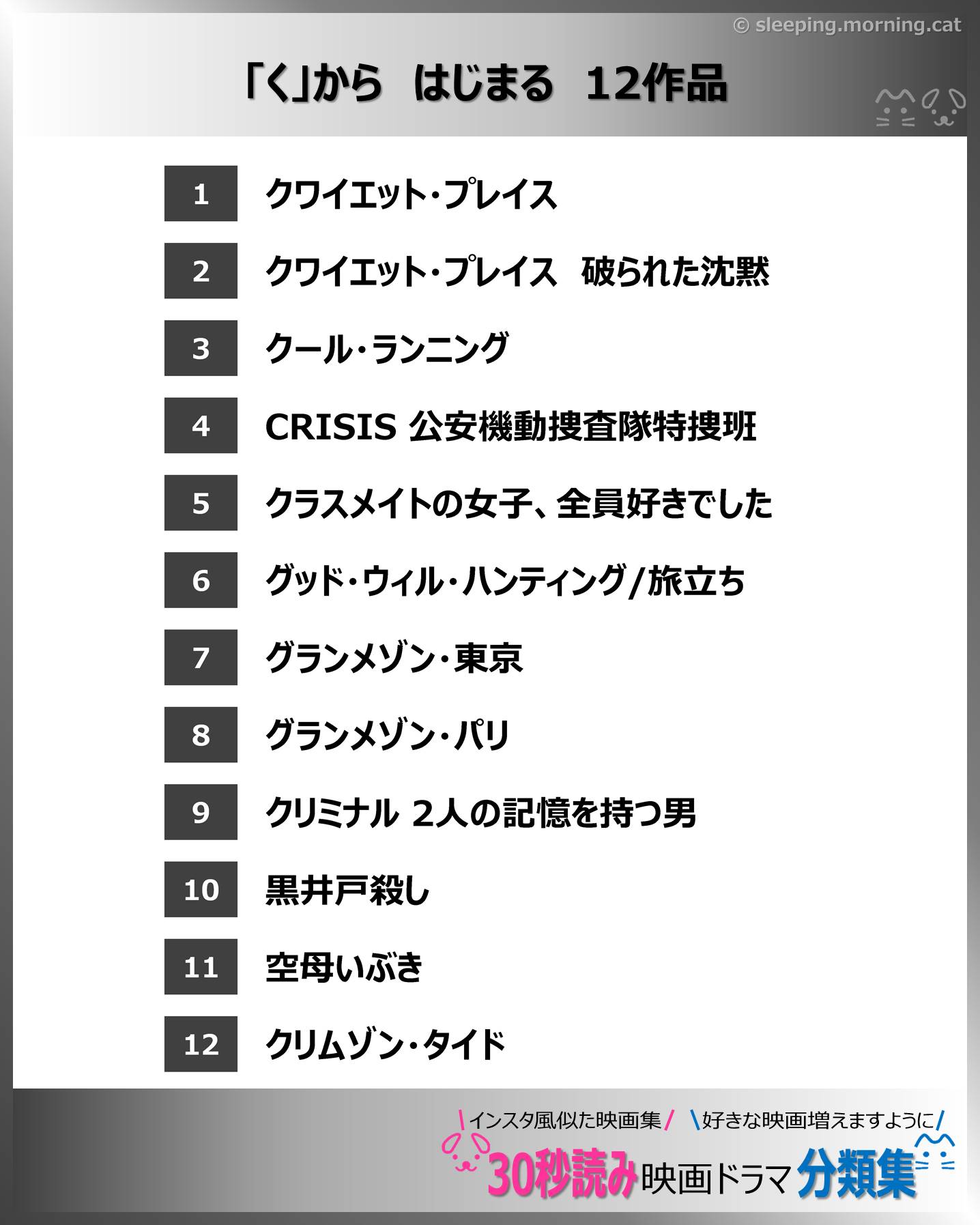 「く」から始まる：映画ドラマの紹介、代表作の映画ドラマおすすめの目次