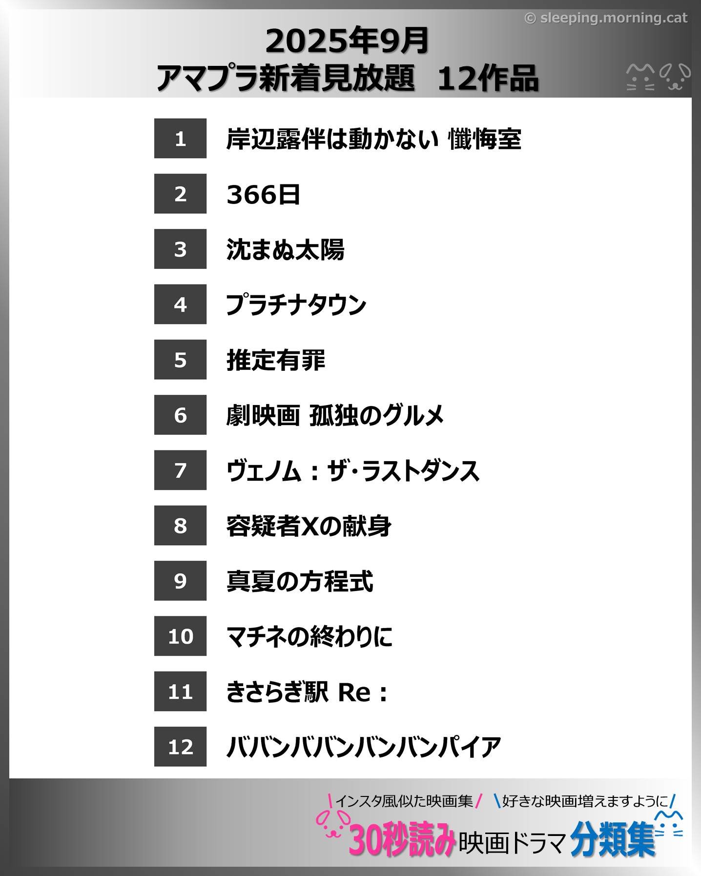 アマプラ新着見放題2025年9月：映画ドラマの紹介、代表作の映画ドラマおすすめの目次