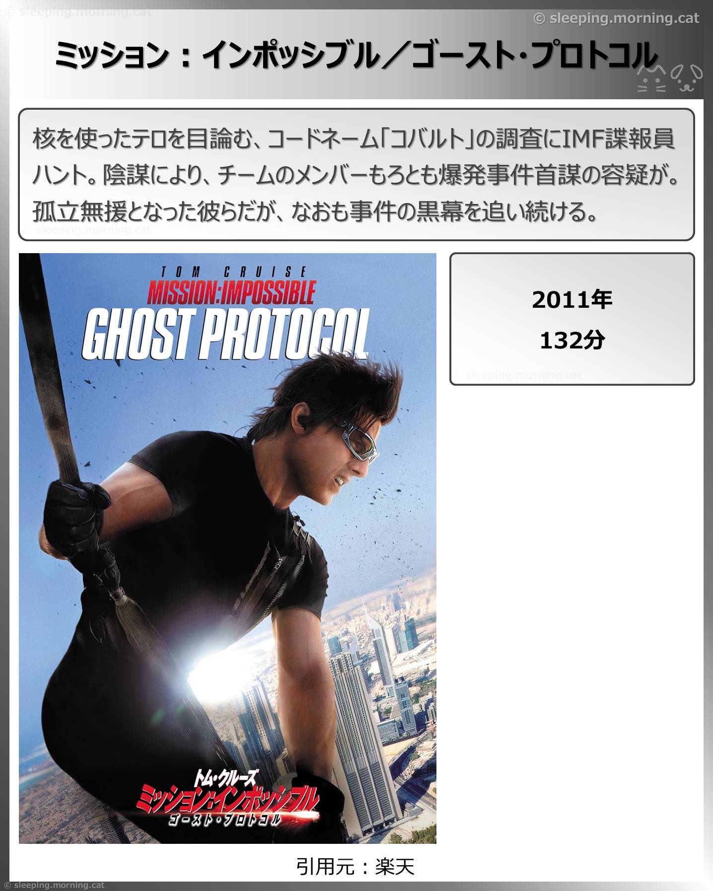 タイトル：ミッション:インポッシブル／ゴースト・プロトコル